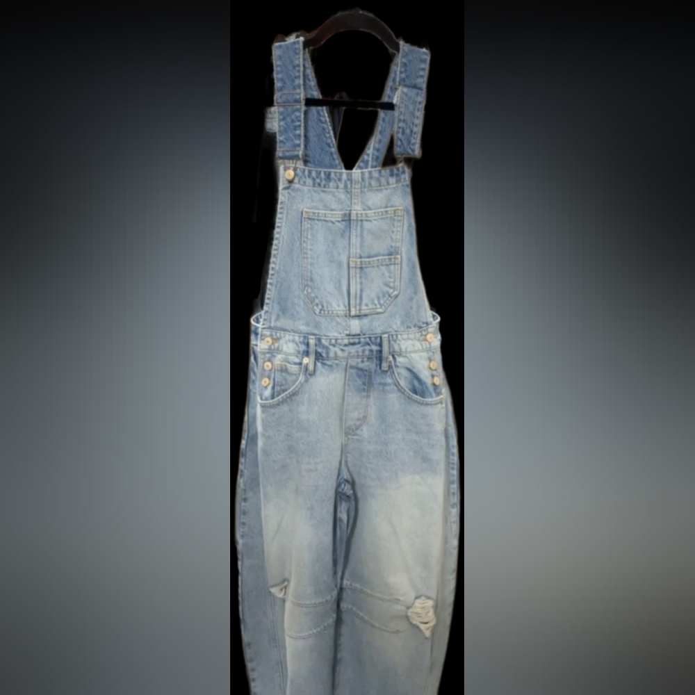 Free People Good Luck Barrell Jeans Overalls Washed Blue- MEDIUM
